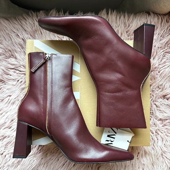 Zara Shoes - NWT Zara genuine leather burgundy block heel boots US 8 EU 39